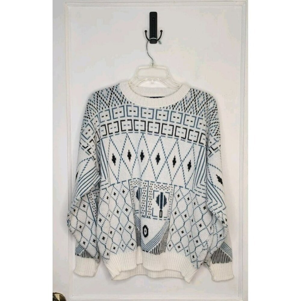 Aspetuck Trading Co Men's White Blue Geometric Sweater 100% Acrylic Sz Large USA